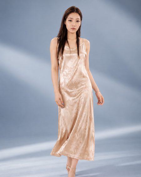 RNUV Champagne Jacquard Satin Slip Midi Dress