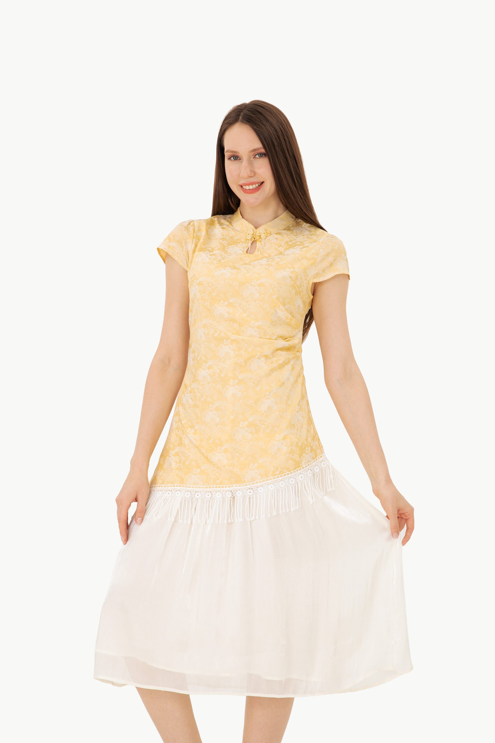 RNUV Golden Mist Jacquard Midi Dress