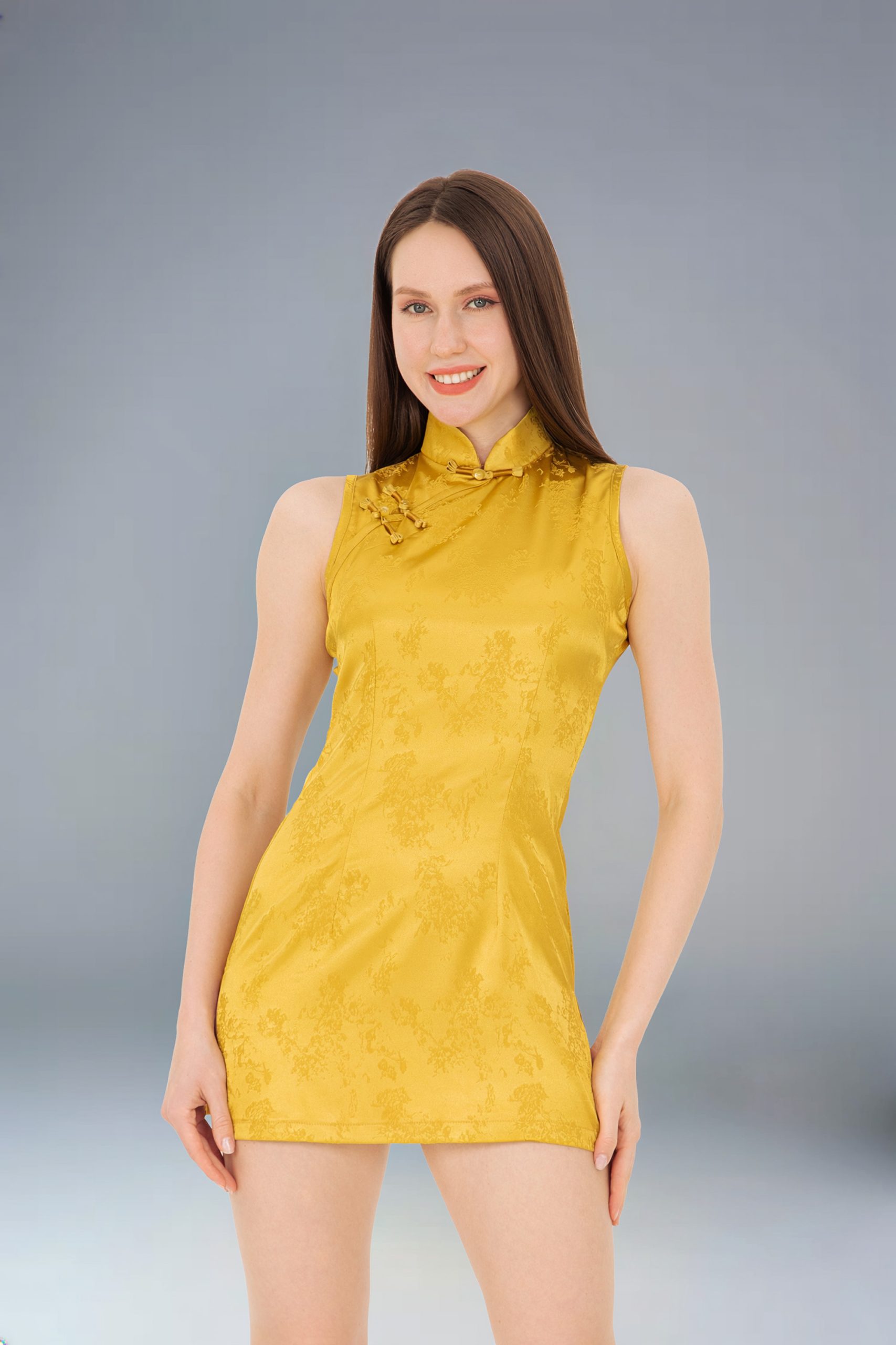 RNUV Autumn Gold Mini Cheongsam Dress