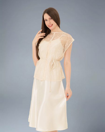 RNUV Champagne Veil Lace Satin Midi Dress Set