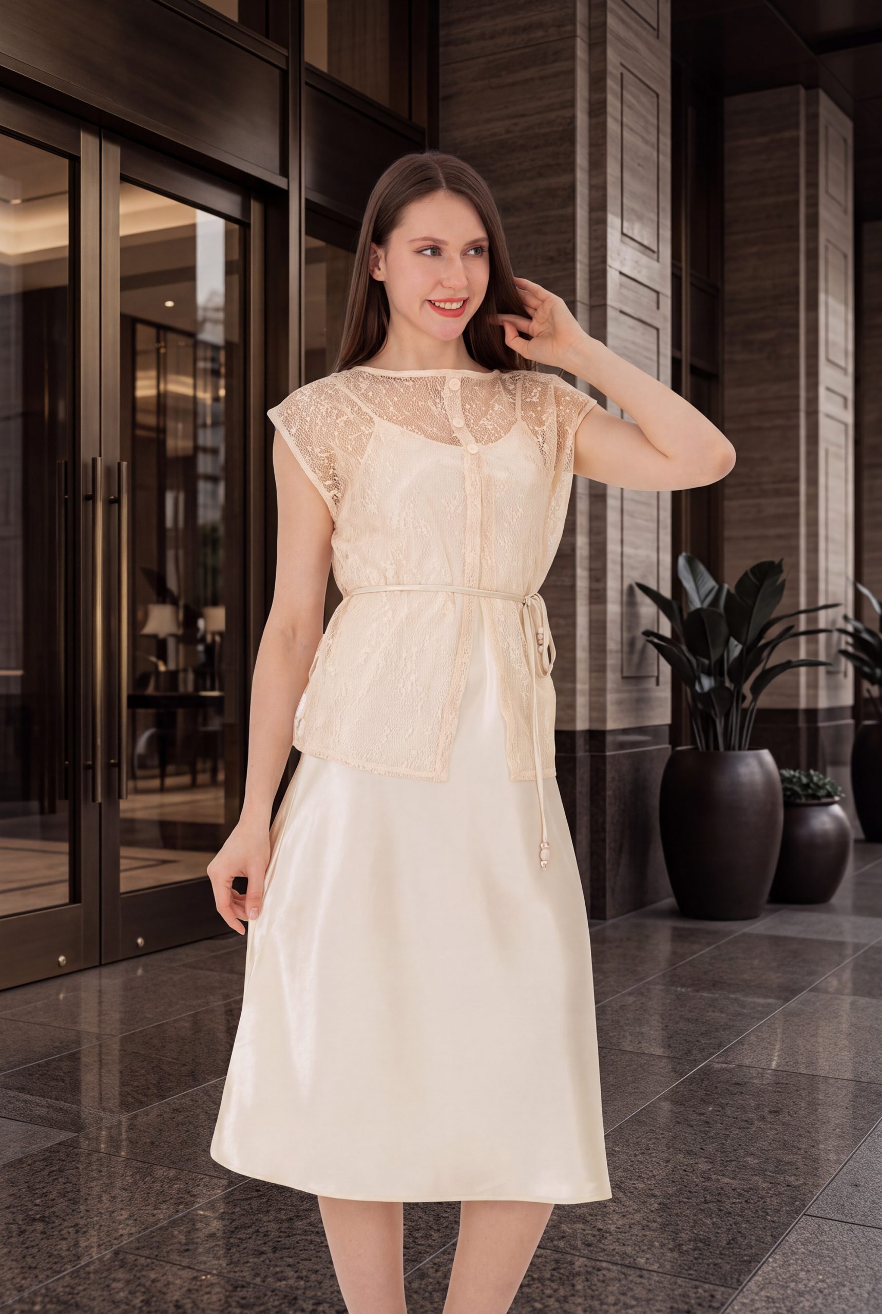 RNUV Champagne Veil Lace Satin Midi Dress Set - Image 6