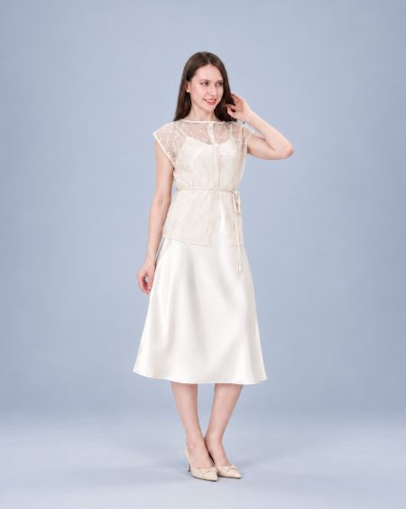 RNUV Champagne Veil Lace Satin Midi Dress Set