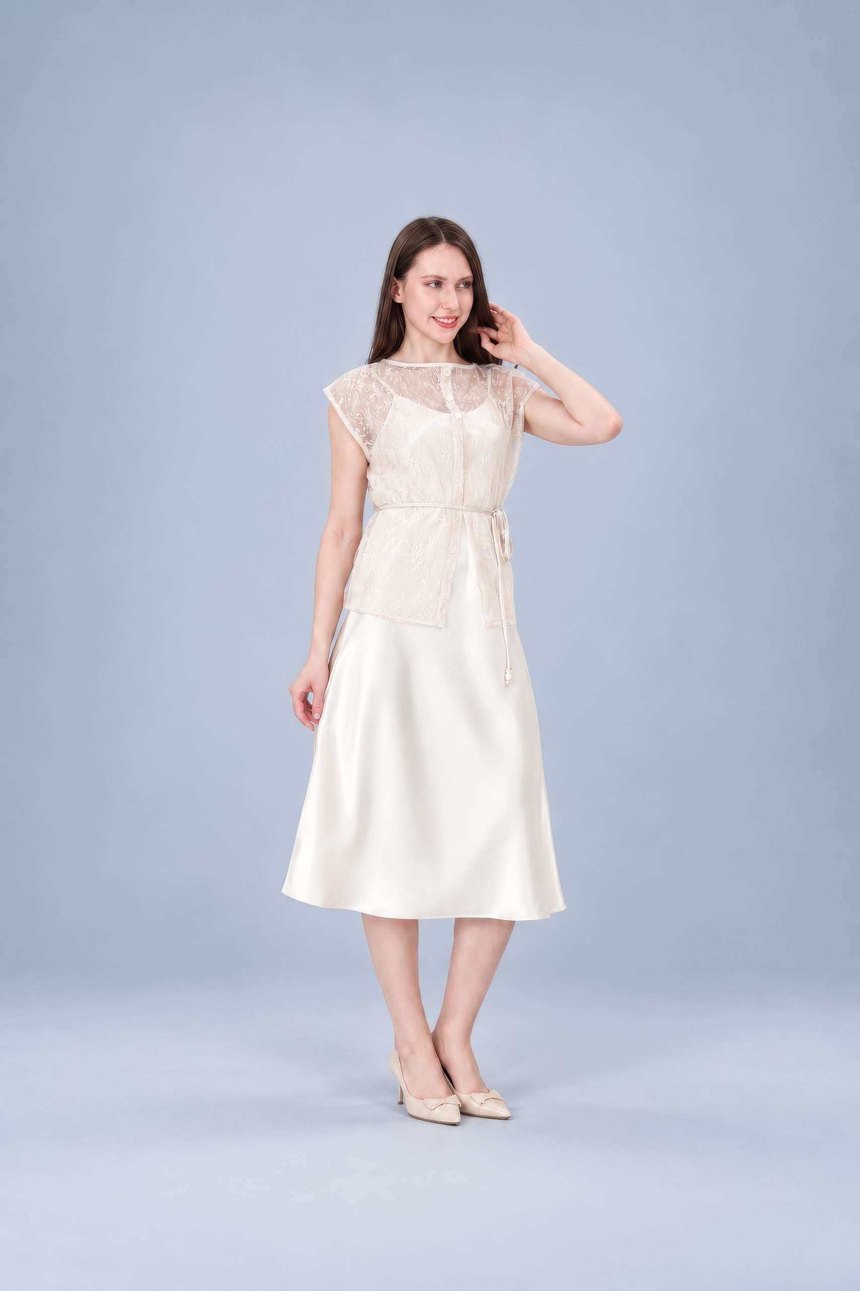 RNUV Champagne Veil Lace Satin Midi Dress Set