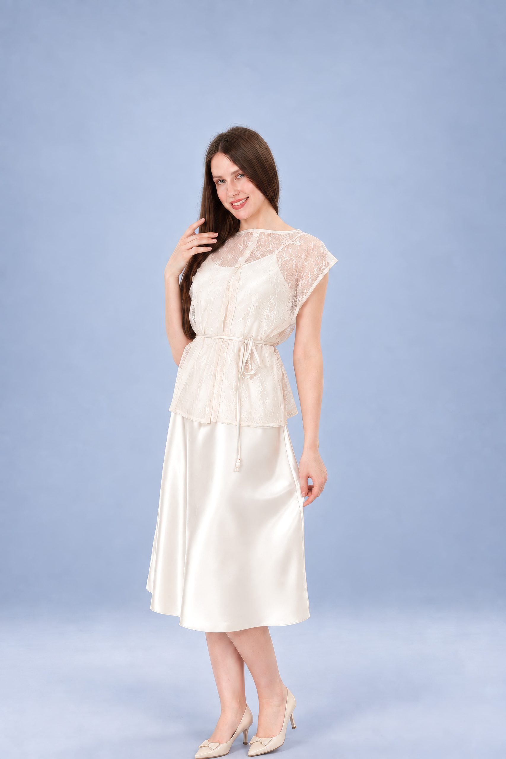 RNUV Champagne Veil Lace Satin Midi Dress Set - Image 2