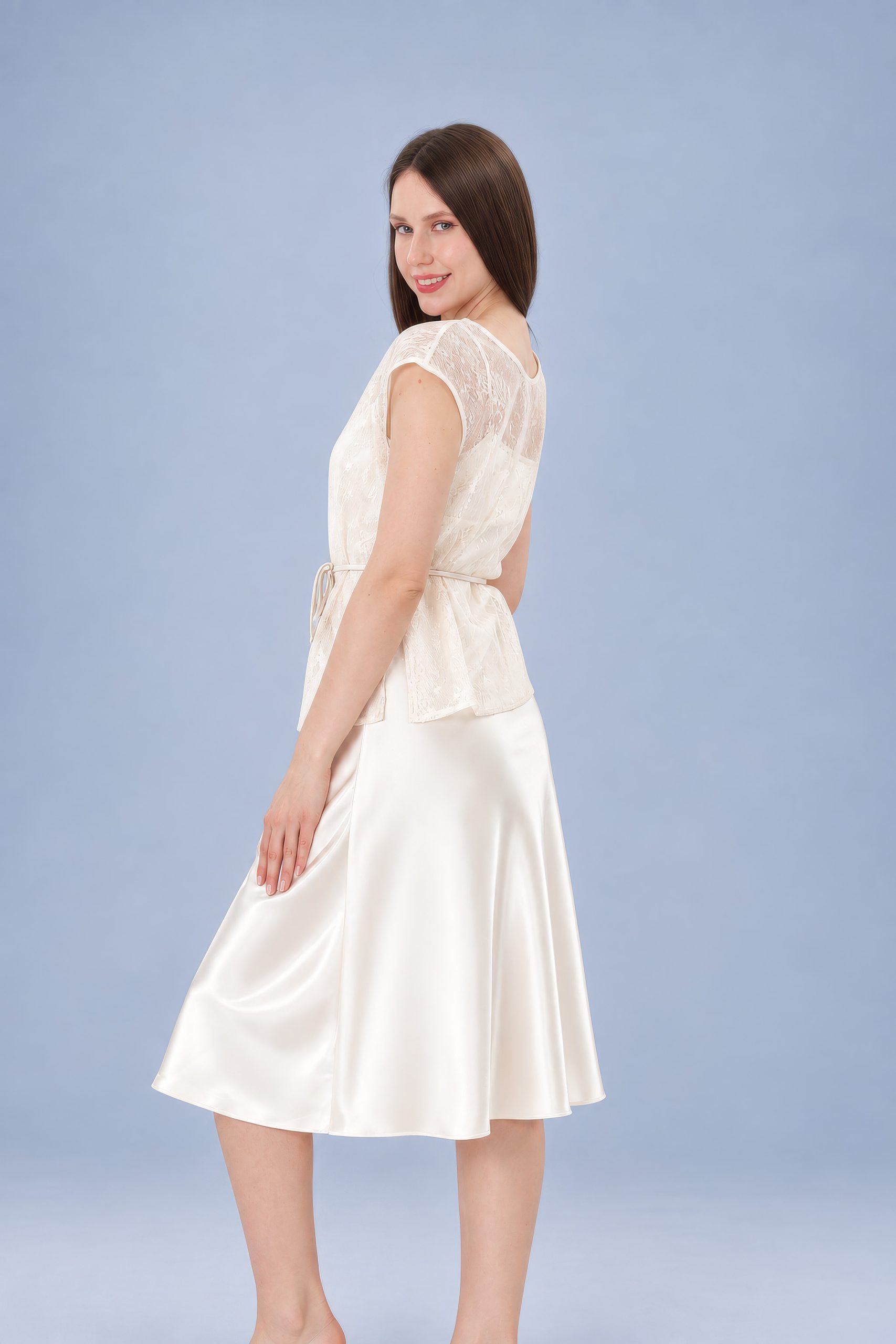 RNUV Champagne Veil Lace Satin Midi Dress Set - Image 3