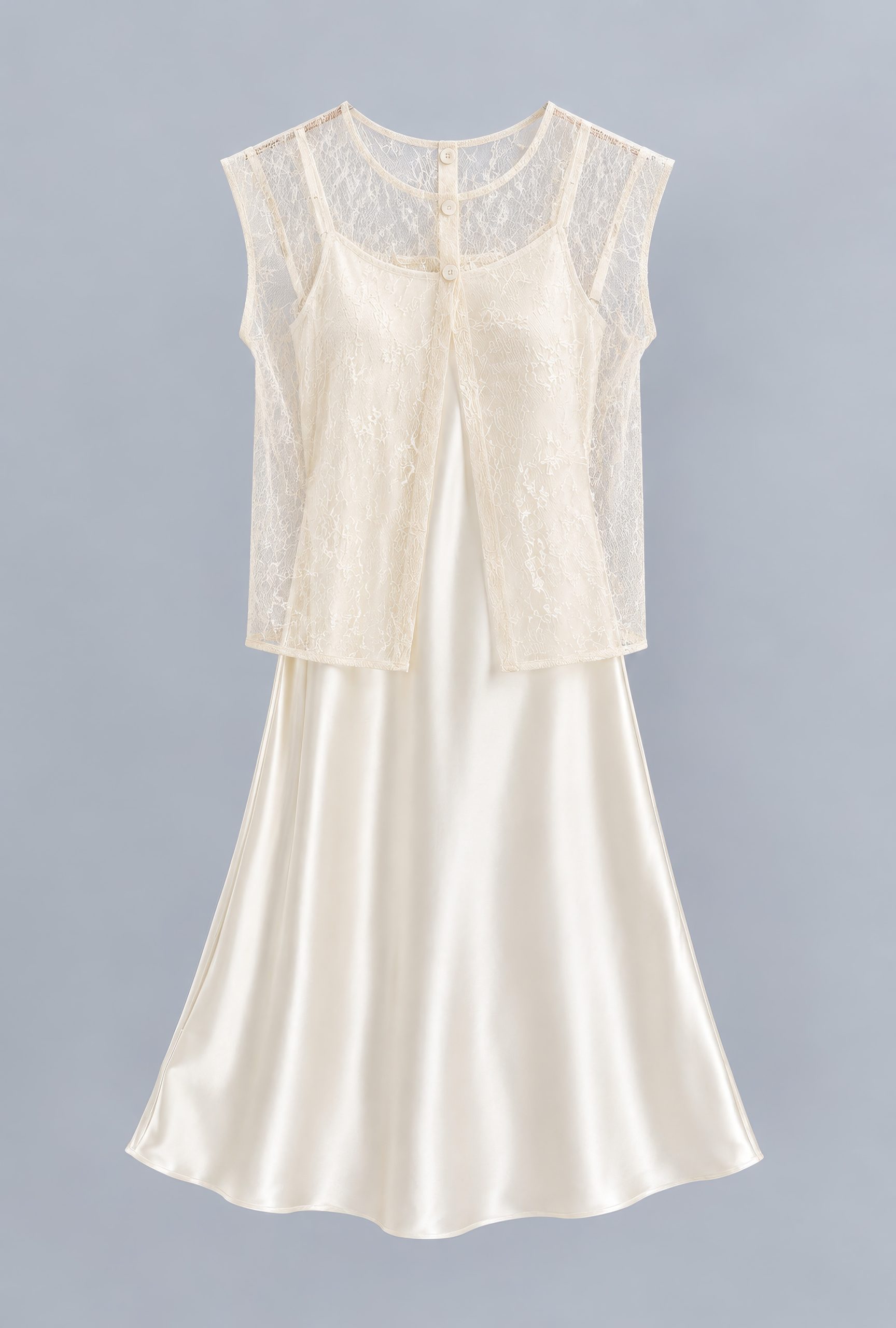 RNUV Champagne Veil Lace Satin Midi Dress Set - Image 8