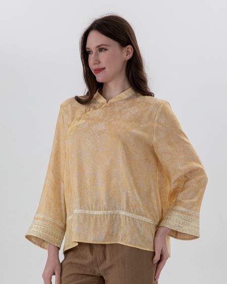 RNUV Pale Gold Jacquard Mandarin Blouse