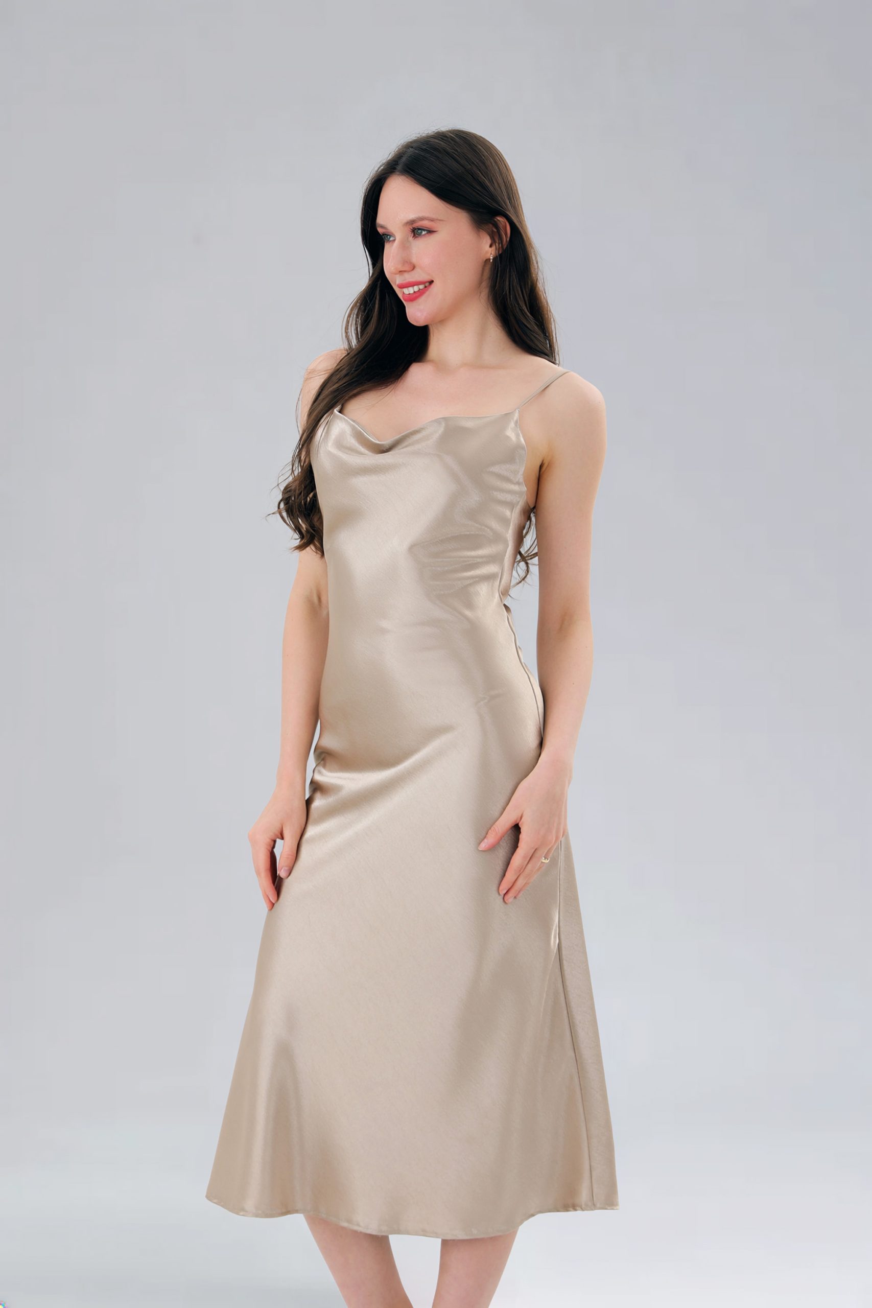 RNUV Champagne Whisper Satin Midi Dress - Image 3