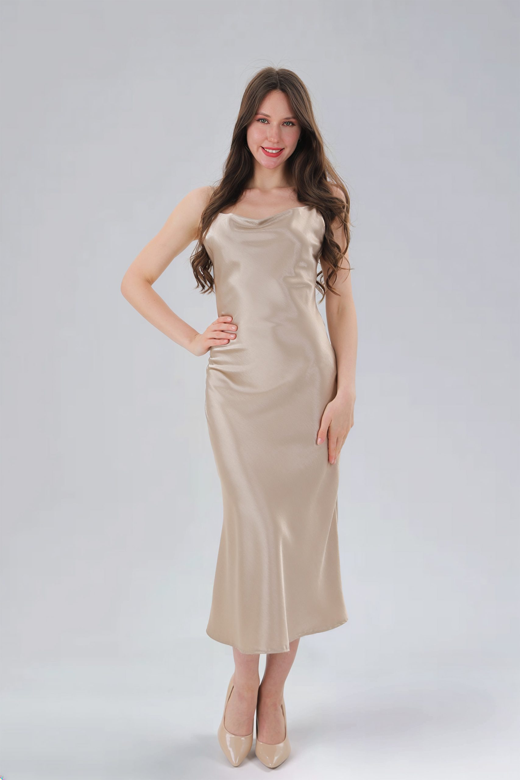 RNUV Champagne Whisper Satin Midi Dress
